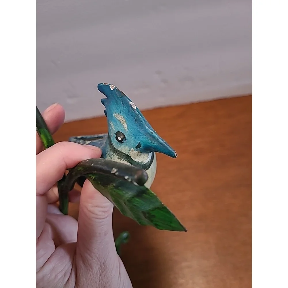Two Metal Painted Bluejay Birds  Wall Hooks On Green Branch 8.5